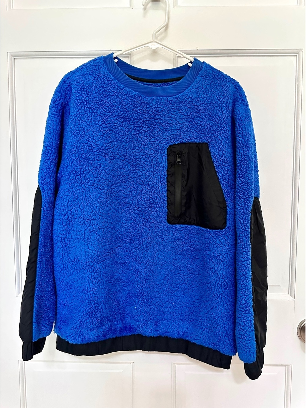 UGG Niko Sherpa Crewneck Royal Blue Black Nylon Side Panels Pocket Trim Size S